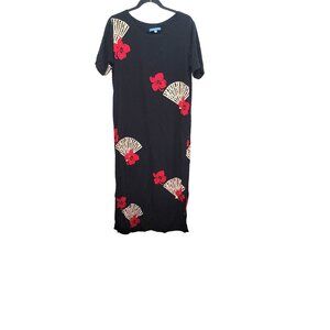 Vintage Island Feeling Women's Black Maxi Dress Red Flower & Fan Design Size S